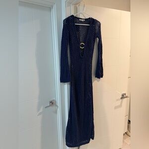 Monday Swimwear Navy Crochet Long Sleeve Maxi Cover-Up with Gold Ring